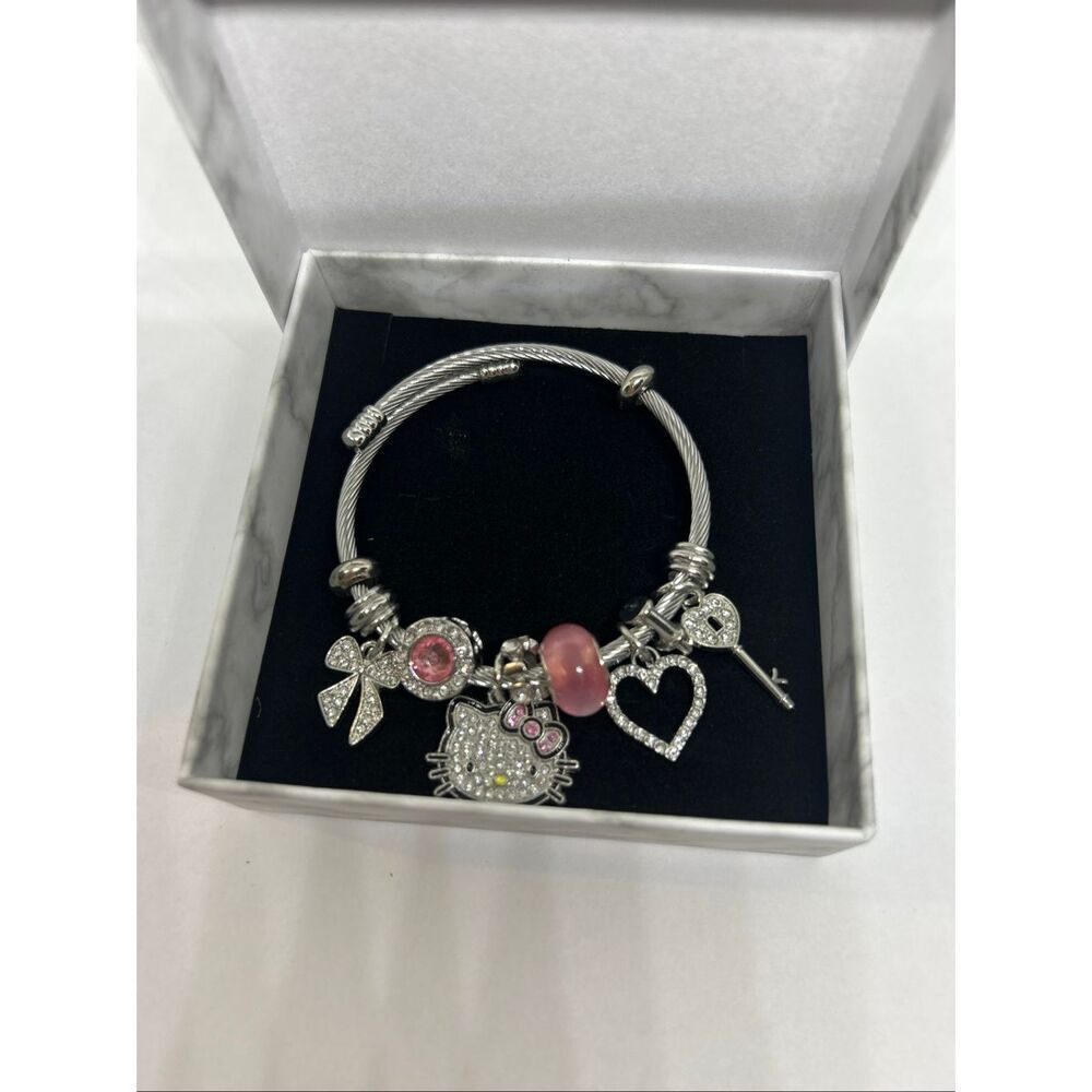 Hello Kitty Pink Charm Bracelet Silver Tone Rhinestone Bangle NEW